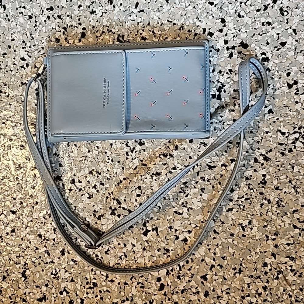 Prettyzys Collection Crossbody Wallet Purse. Light Blue with adjustable strap.